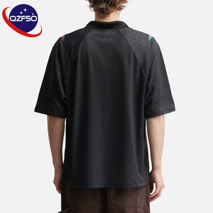 QZFSO Custom Vintage 90s Soccer <b>Top</b> Dark Charcoal Textured Stripe V-neck Polo Collar Mesh Panel Loose Short Sleeve Team Jersey - Product Image 2