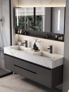 Meuble de salle de bain moderne de luxe léger et simple avec double vasque intégrée en céramique sans joint et miroir intelligent - Product Image 5