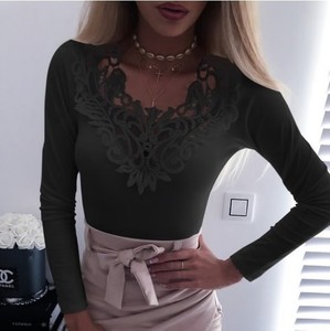 Sexy Korte Mouwen Kanten V-Hals Effen Kleur Stiksel T-Shirt Dames Doek Losse Blouse - Product Image 4