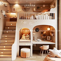 Lit superposé minimaliste en bois massif pour enfants de petite taille, sur mesure, avec lit supérieur, bureau inférieur, rangement et escalier, lit double