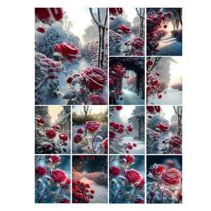 Lukisan berlian bunga salju merah mawar DIY 5D berlian imitasi bordir berlian Set lanskap mosaik hadiah jahit silang