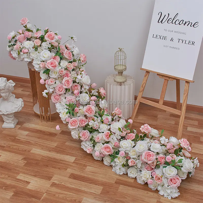 Camino de flores rosa para decoración de boda, diseño de flores para decoración de escenario de boda, nuevo tipo