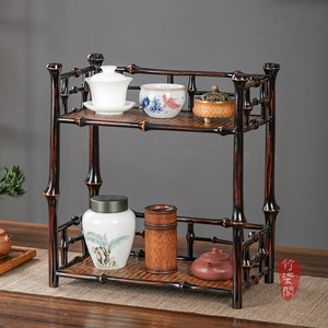 Bamboo Double Layer Tea Rack Lacquered Storage <b>Shelf</b> For Chinese Tea Set <b>Desktop</b> Display Stand Rectangle Shape Standing Type - Product Image 1