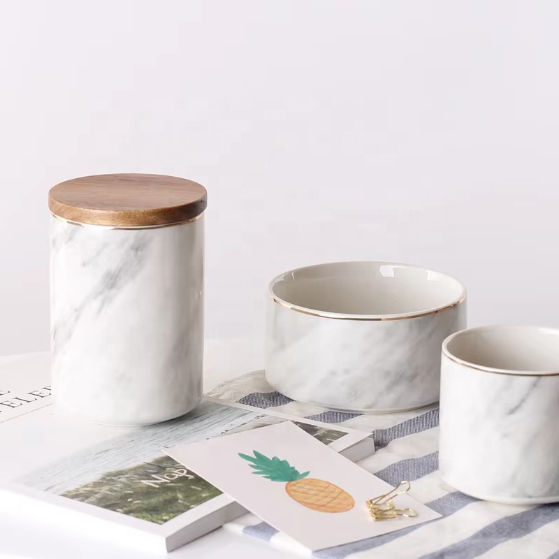 Nordic Luxury Marble Ceramic Eco-Friendly Durable Multifunction Cylinder Coffee Bean Jar Wooden Lid Custom Kitchen Storage