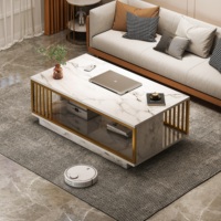 Table basse moderne de luxe en MDF avec étagère de rangement, élégante table centrale de salon avec cadre en métal doré, mobilier de maison