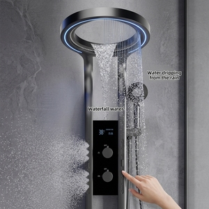 <span class=keywords><strong>Colonne</strong></span> de douche design moderne noir mat avec jets de massage corporel, cascade et pluie, et douchette à main - Product Image 3