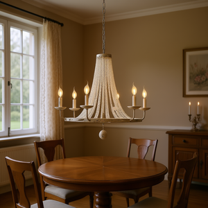 Lustre Crylite style campagne française à 6 lumières avec perles de cristal, suspension en métal blanc en forme de bougie pour salon - Product Image 2