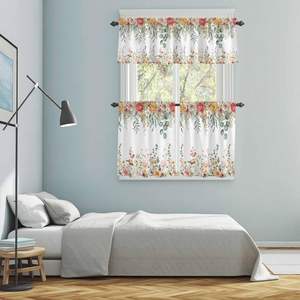 Ensemble de rideaux et cantonnières de cuisine à motifs floraux printaniers, style ferme, feuilles d'eucalyptus, rideaux de fenêtre à volants, 3 pièces - Product Image 4