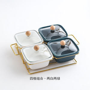 Nouvelles collations carrées créatives noix assiette de fruits secs assiettes en céramique avec couvercle en verre support en métal - Product Image 4