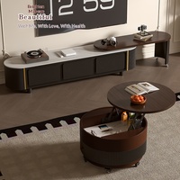 Meuble TV rond moderne avec plateau relevable, tiroir de rangement et compartiment dissimulé, hauteur réglable, meuble de salon mobile