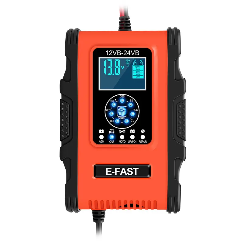 Car Battery Charger 12V 24V Pulse Repair LCD Display Smart Fast Charge AGM Deep cycle GEL Lead-Acid Charger For Auto Motorcycle
