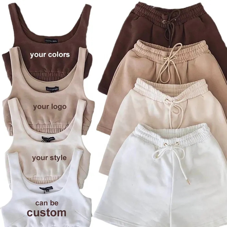 custom summer new arrival high quality cotton crop top vest with sweat shorts two piece pants set short outfit