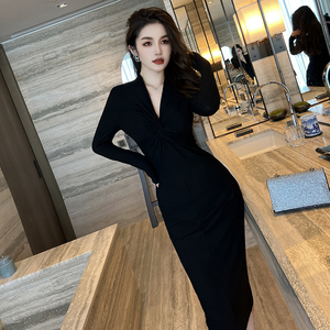 ZYHT 6050 autunno nuovo arrivo abiti moda donna Twist scollo a V increspato a manica lunga <span class=keywords><strong>Midi</strong></span> abiti donna - Product Image 1