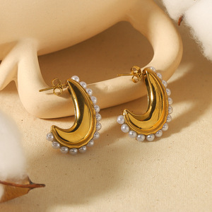 C-Shaped <b>Moon</b> Earrings 18K Gold Stainless Steel Stud Imitation Pearl Party Fashion Jewelry - Product Image 2