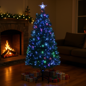 Árbol de Navidad Artificial de 6 pies con Luces de Fibra Óptica que Cambian de Color, 36 LED Multicolores, Árbol de Pino Interior con Copos de Nieve - Product Image 2