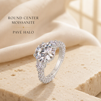 Bague de fiançailles pour femme en moissanite, argent sterling 925, taille brillant rond, quatre griffes, halo pavé, pierres latérales pavé, bande pavé
