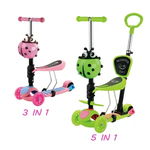 Groothandel 2 wiel voor 1 achter 3 PU knipperende wielen 5 in 1 kick kids scooter met mand