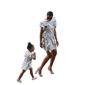 Custom Stripe Print <strong>Mini</strong> Dress Summer Ruffled Cuff Pockets Girl Birthday Dresses Women Lady Elegant Mommy and <strong>Me</strong> <strong>Outfits</strong> - Product Image 5