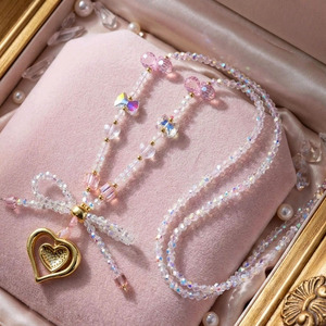 Collar <span class=keywords><strong>de</strong></span> Cuentas <span class=keywords><strong>de</strong></span> Cristal Multiformas con Lazo y Colgante <span class=keywords><strong>de</strong></span> Corazón Dorado, Joyería Artesanal Dulce para Damas <span class=keywords><strong>de</strong></span> Honor y Ocasiones Especiales - Product Image 4