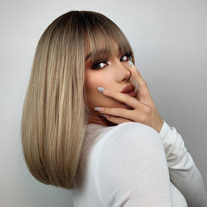 วิกผมสังเคราะห์ Bob Straight สีน้ำตาลอมบลอนด์แบบไล่เฉด พร้อมหน้าม้า ยาวประบ่า ดูเป็นธรรมชาติสำหรับผู้หญิง จัดส่งทันที - Product Image 6