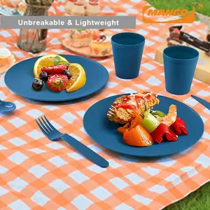 Portable Reusable Plastic Tableware Dinnerware Flatware Set Lightweight PP Camping Picnic Dishes Plate Bowl Cup Fork Knife Set