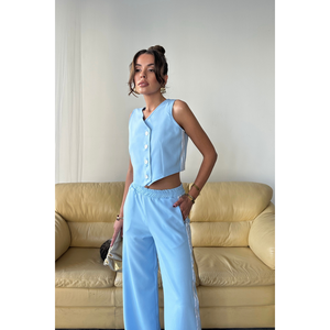 Conjunto de pantalones y chaleco corto azul con rayas laterales y detalle de abertura en el bajo para mujer, talla S - Product Image 1