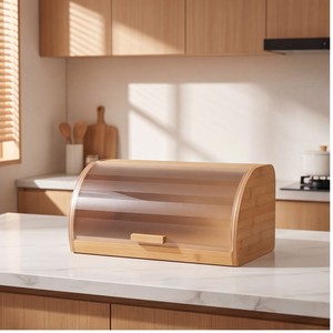 Boîte à pain en bambou à couvercle rabattable, conteneur de rangement à une couche pour cuisine, pain, pâtisserie, fruits, 38x26x17cm - Product Image 3