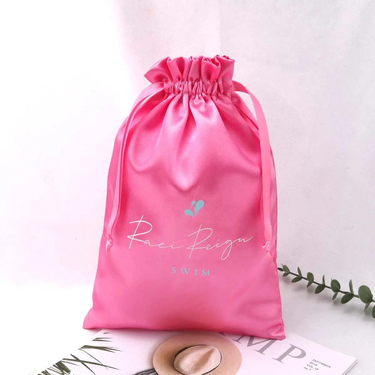 Custom Logo Luxury Pink Satin Dust Bag For Handbag Large Underwear Hair Storage Silk Satin Pouch