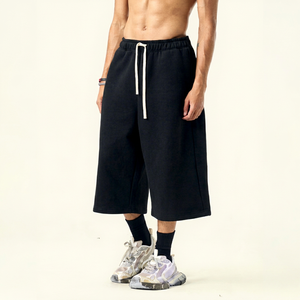 Pantalon Capri en molleton épais pour homme, pantalon de survêtement décontracté à jambe large avec cordon de serrage de style américain - Product Image 1