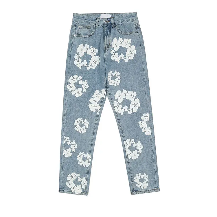 High Street Men Loose Design Casual Print Jeans Pantalones Denim Tears Flower All Over Printed Jeans Pantalones
