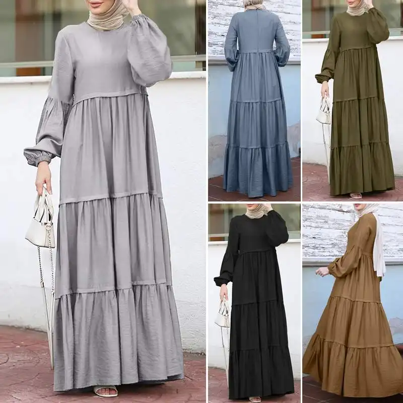 Baju Gamis Muslim Wanita, Baju Gamis Lengan Panjang 3 Tingkat Leher Bulat