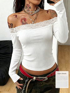 New Solid Color Slim-fit Sexy Stretchy Simple Off-shoulder Lace <b>Patchwork</b> Hollow Out Polyester Long-sleeve Short <b>Top</b> - Product Image 1