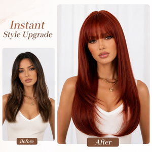 Perruque synthétique longue et droite rouge auburn pour <span class=keywords><strong>femme</strong></span>, <span class=keywords><strong>avec</strong></span> <span class=keywords><strong>frange</strong></span> complète, résistante à la chaleur, sans colle, naturelle et ajustable – Fournisseur d'usine - Product Image 2