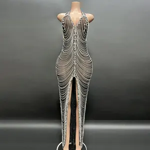 Vestidos de noche 2023 lujo sexy alto split impresionante brillante con cuello en V cristales bodycon cadenas vestido sin mangas