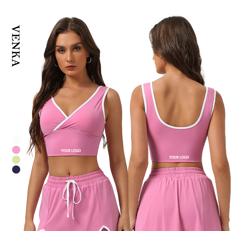New Arrival Lightweight Cross V-Neck Sports Vest Sexy U Back Yoga Bra with Contrast Color Plus Size Fitness Wear with Vest Pad