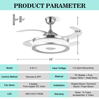 Ventilateur de plafond moderne rétractable Bluetooth de 42 pouces avec lumière RGB pour haut-parleur, 6 vitesses, réversible, télécommande, contrôle par application, moteur DC, 4 pales