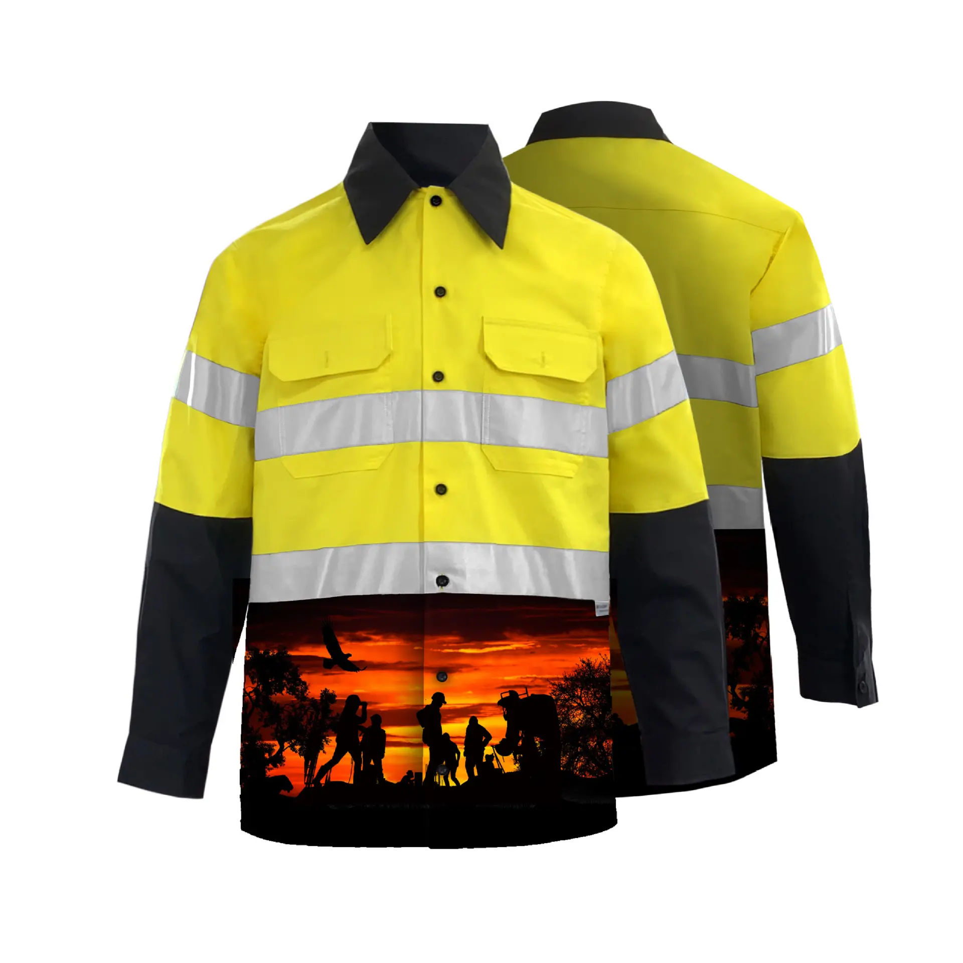 Custom Patroonmode Reflecterende Veiligheid Hi Vis Lange Mouwen Katoenen Boor 3M Reflecterende Strepen Trainen Shirts Heren