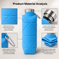 Bouteille d'eau pliable en silicone sans BPA, bouteille de voyage pliable avec couvercle en acier inoxydable, mousqueton, logo personnalisé