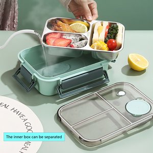 Contenitore per il pranzo in acciaio inossidabile per adulti, portatile, con 3 scomparti, vasetti per salse, sigillato, a tenuta stagna, tipo bento box, per ufficio - Product Image 5