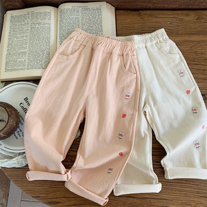 Tongxingyuan Girls Harem Pants Cotton Cartoon Print Autumn Casual Long Pants For Children Pink Off White - Product Image 2