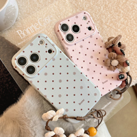 Coque de téléphone antichoc en TPU+PC style INS à pois et motifs floraux pour 17/16/15 ProMax avec dragonne
