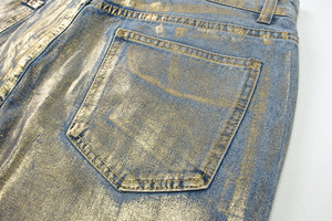 Jeans en denim décontractés à jambe droite, style Y2K, tendance streetwear, hip-hop, effet délavé, bleu métallisé, revêtement laser doré, unisexe, fabrication en usine - Product Image 3