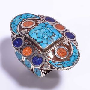 Bague en pierre précieuse de corail turquoises naturelles, anneau Antique en argent tibétain, bijou fin - Product Image 5