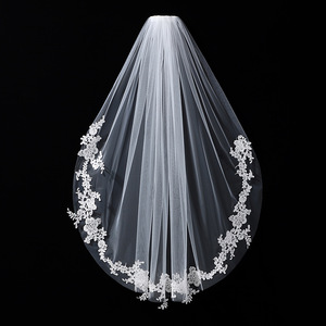 Velo de novia estilo Mori retro, elegante, con borde de encaje y gasa lisa, para accesorios de fotografía de propuesta de matrimonio. - Product Image 3