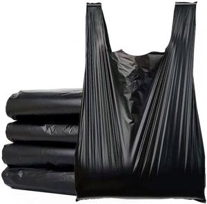 ถุงขยะดำ HDPE รีไซเคิลได้ ราคาโรงงาน สำหรับใช้ในครัวเรือน / ถุงใส่ขยะแบบมีหูหิ้ว ทรงเสื้อยืด พิมพ์เฟล็กโซ - Product Image 1