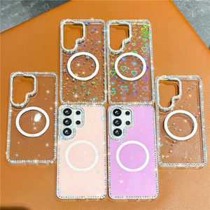 Funda Brillante con Diamantes y Láser para Samsung S26 Ultra S25 S24 Plus FE S23 Ultra, Magnética, con Corazones y Estrellas, Transparente, 2026 - Product Image 1