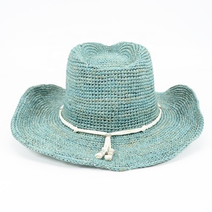 Chapeau de cowgirl turquoise au crochet fait à la main avec perles coupe <span class=keywords><strong>paille</strong></span> raphia pour plage fête pêche voyage en plein air usage décontracté - Product Image 4