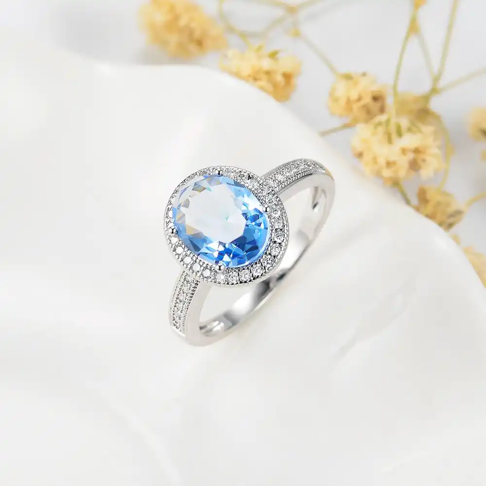 เจ็ด SAR7482คลาสสิกแหวนเพชรเครื่องประดับแต่งงาน925แหวนเงินสเตอร์ลิงรอบ CZ แหวนหินสีฟ้าสำหรับผู้หญิง