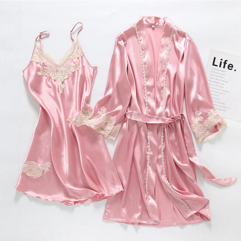 JQ2 Sexy women's robe & gown sets bathrobe + night dress two pieces set womens faux silk sleepwear sleep set