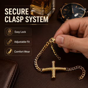 สร้อยข้อมือรูปกางเขนแบบนูนลายเคลือบทอง 18K ทำจากสแตนเลสสตีล 316L ป้องกันการแพ้ พร้อมสายแบบ Curb Chain และสายต่อปรับขนาดได้สำหรับผู้ชาย - Product Image 4